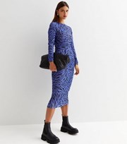 New Look Blue Zebra Print Jersey Ruched Bodycon Midi Dress